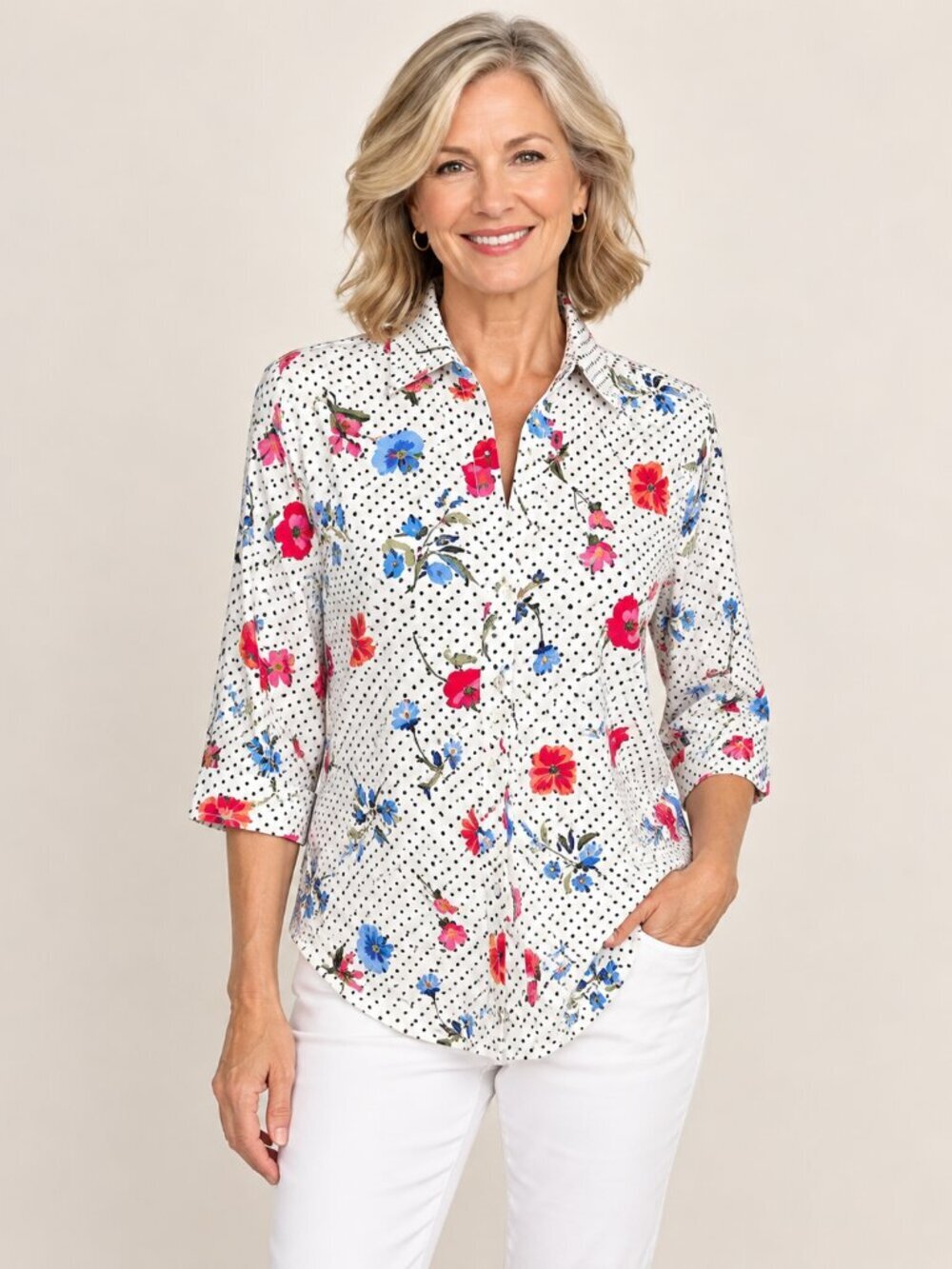 Allison Daley Women 12 Floral Polka Dot Button Up Blouse 3/4 Sleeve White